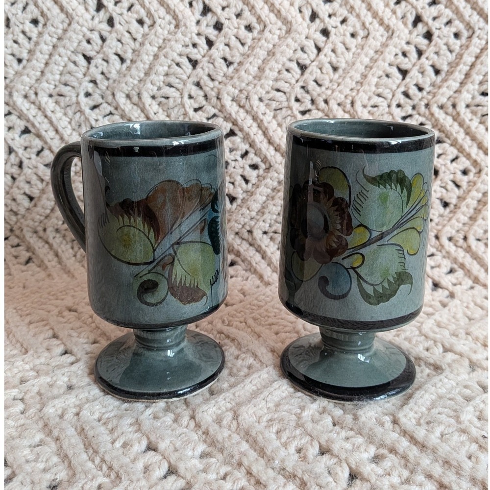Vintage Tonala Mexican Pottery Footed Mugs Floral Hand Painted Gray Set of 2